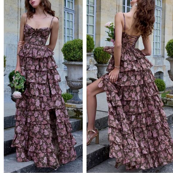 V. Chapman Josephine Floral Ruffle Tiered Bustier Chocolate Maxi Dress Size 10 - Picture 2 of 10
